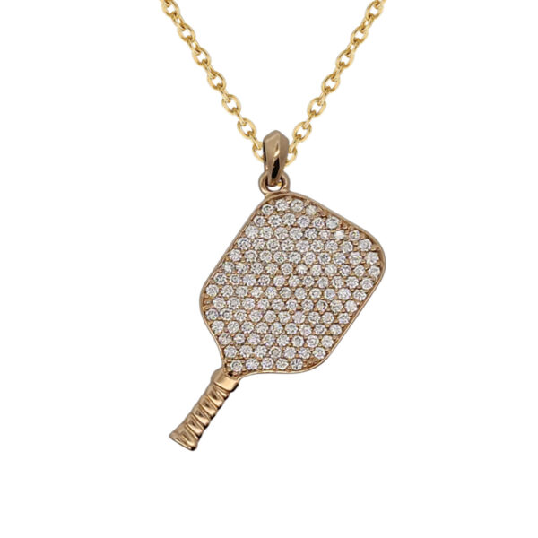 Pickleball Paddle Pendant 14kt w/LG Diamonds or .925 Silver w/CZ, w/Adjustable 16/18" Chain