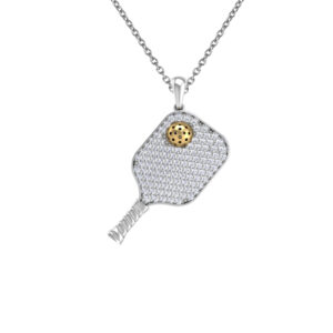 Pickleball Paddle w/Ball Pendant 14kt w/LG Diamonds or .925 Silver w/CZ, w/Adjustable 16/18" Chain