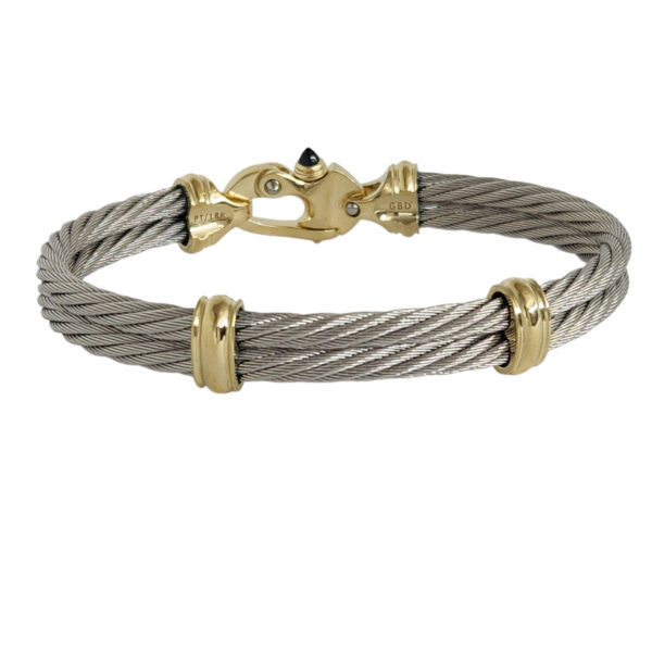 Platinum 4.5mm Double Cable Bracelet with 18K Gold Mariner's Clasp® 8" - Image 3
